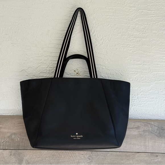Kate Spade NY Rosie Pebbled Leather Large Tote Black Dual Handles Striped NEW - Picture 3 of 13